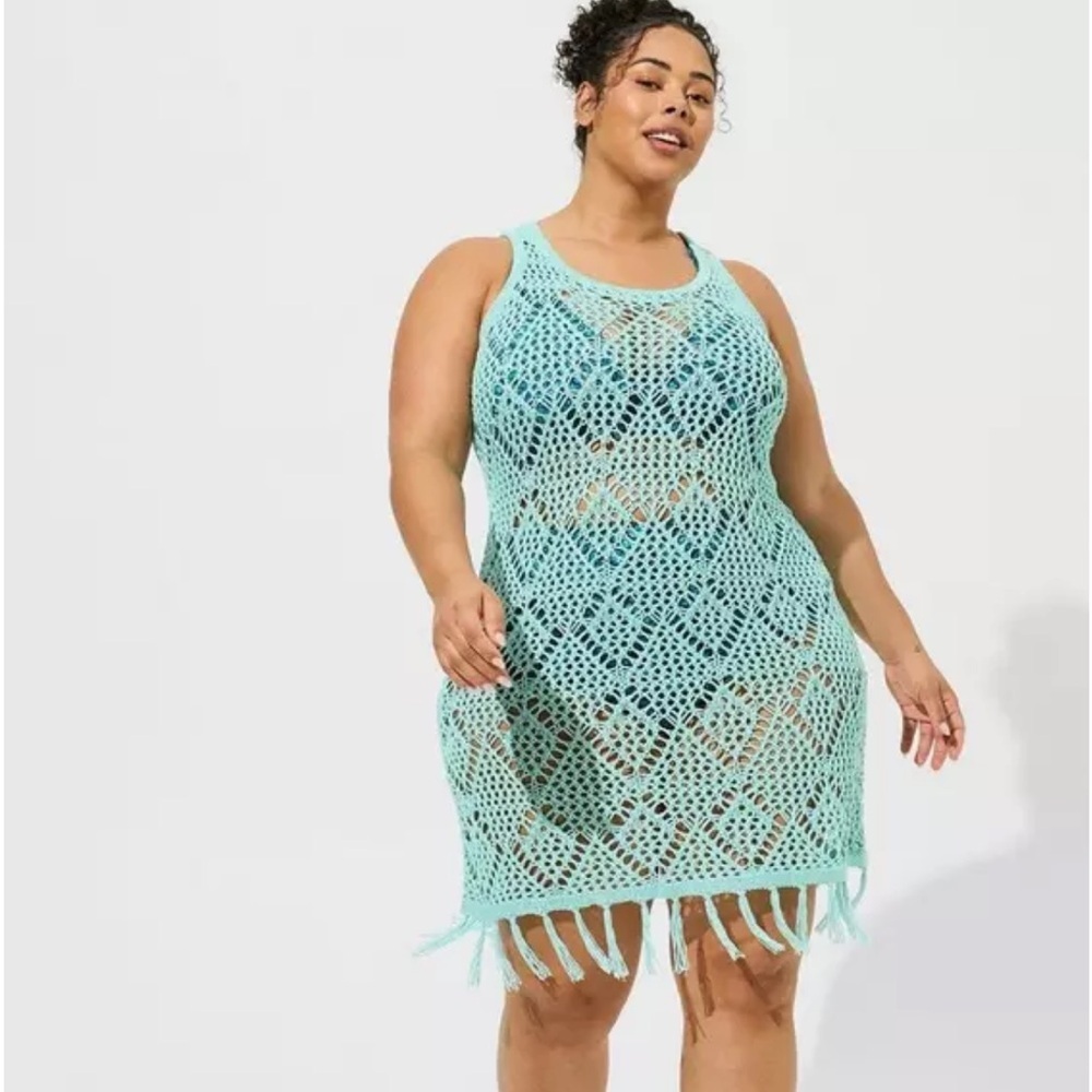 New! Torrid sz 2 Aruba Blue‎ Crochet Fringe Swim Bathing Suit Cover-Up Dress 2X
